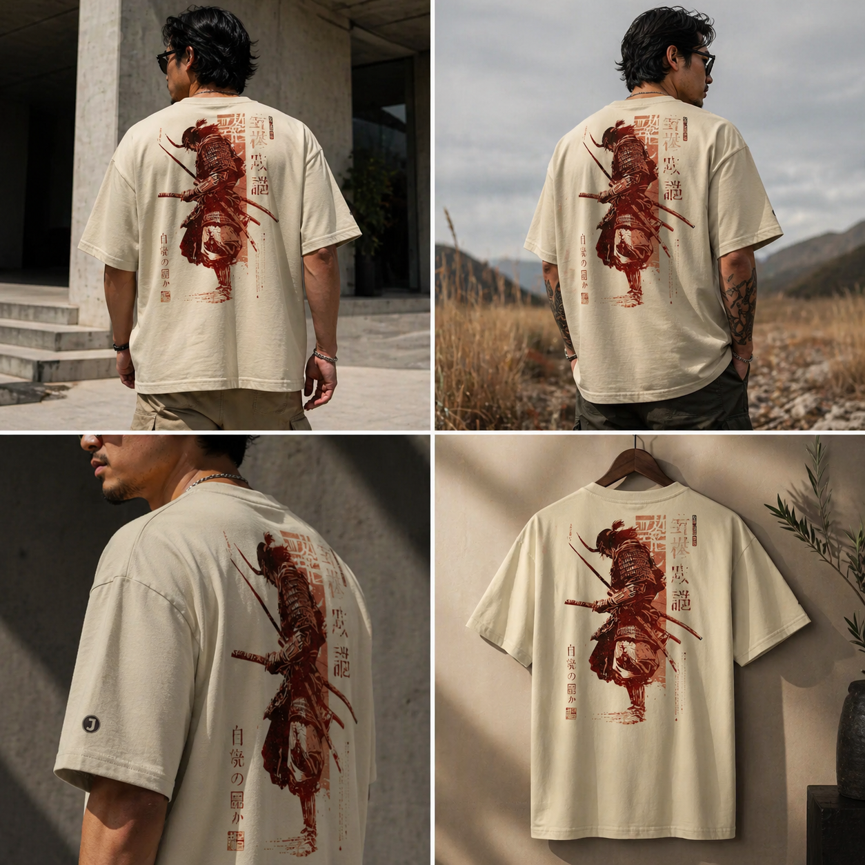 Collage of a person wearing a t-shirt with a red dragon design on the back, set against different backgrounds.