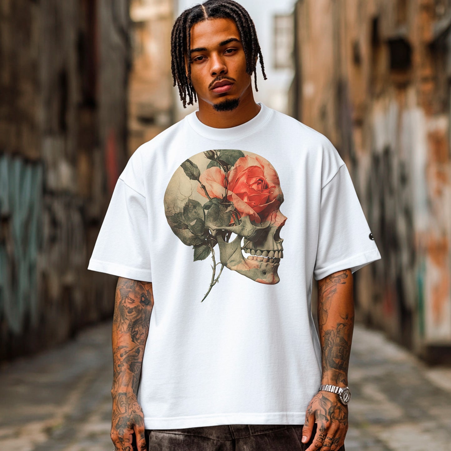 model wearing Bone & Blossom Oversized heavyweight t-shirt