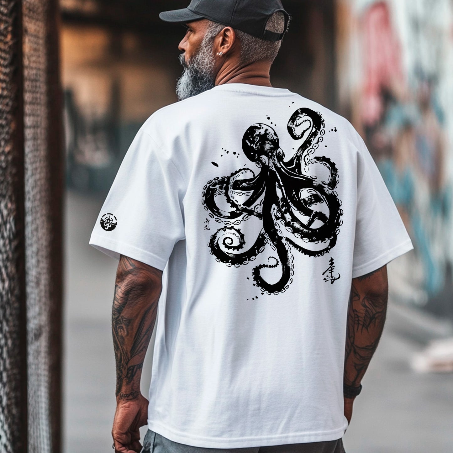 model wearing Kyodai Tako Oversized heavyweight t-shirt (back print)