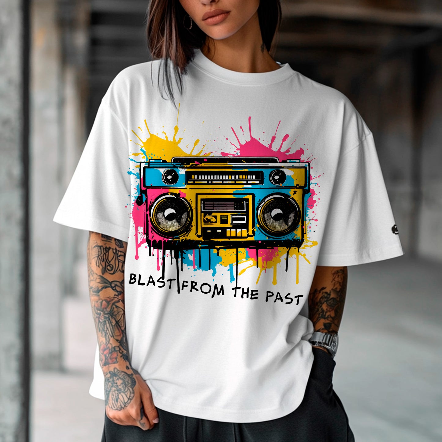 model wearing Blast From The past Oversized heavyweight t-shirt