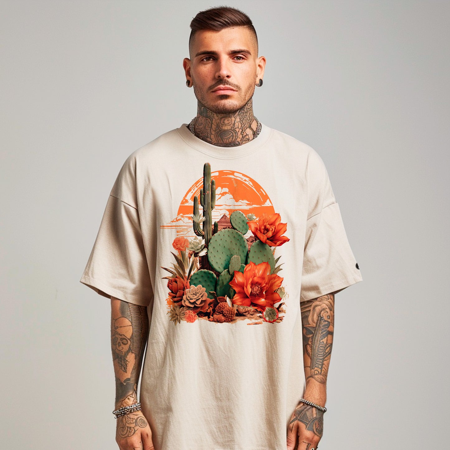 model wearing Against All Odds oversized faded t-shirt