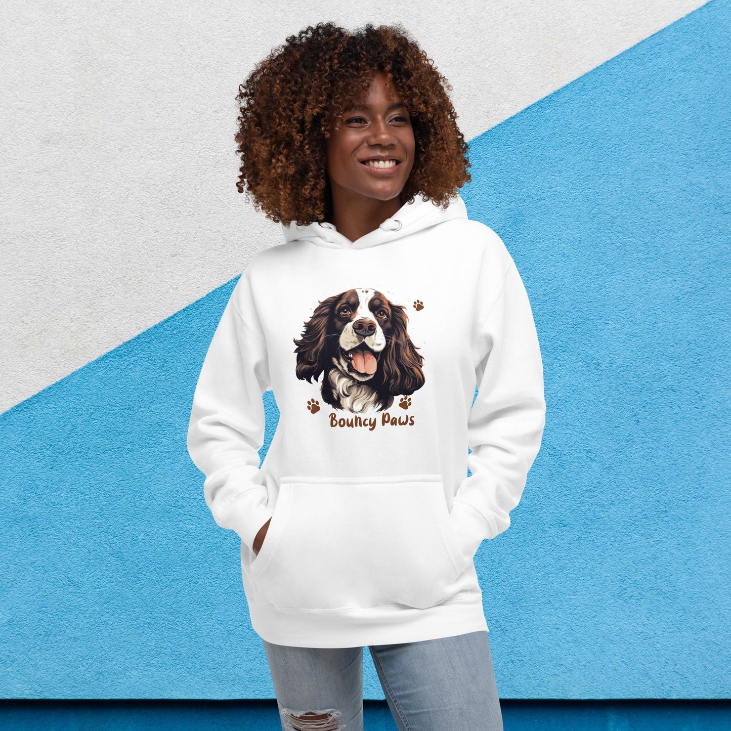 Bouncy Paws Unisex Premium Hoodie in White, displayed on a model