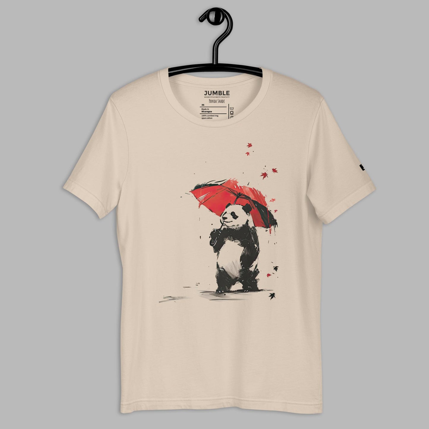 soft cream Panda Shade Unisex t-shirt displayed on a hanger