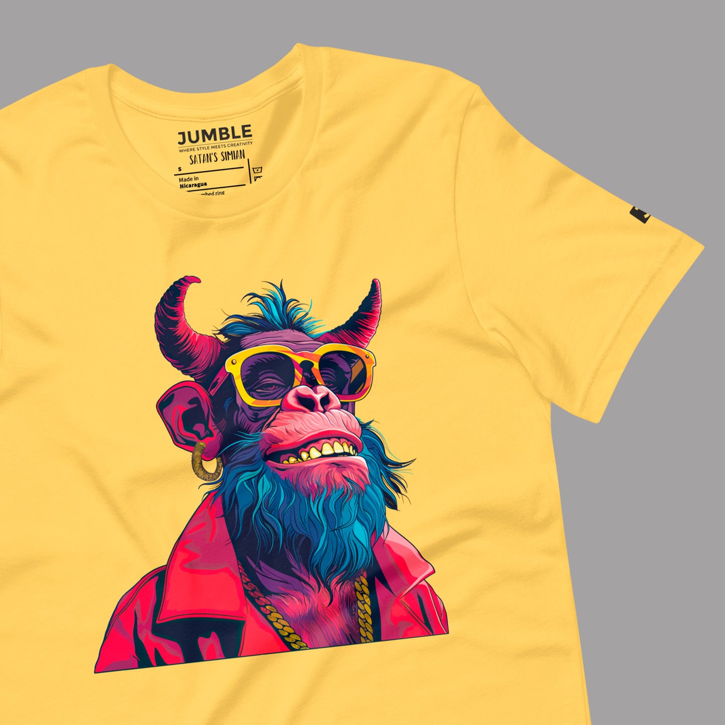 yellow Satan's Simian Unisex t-shirt wrinkled closeup