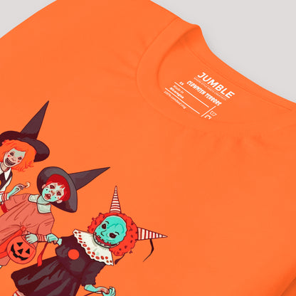 closeup of folded orange Clownish Terrors Unisex t-shirt