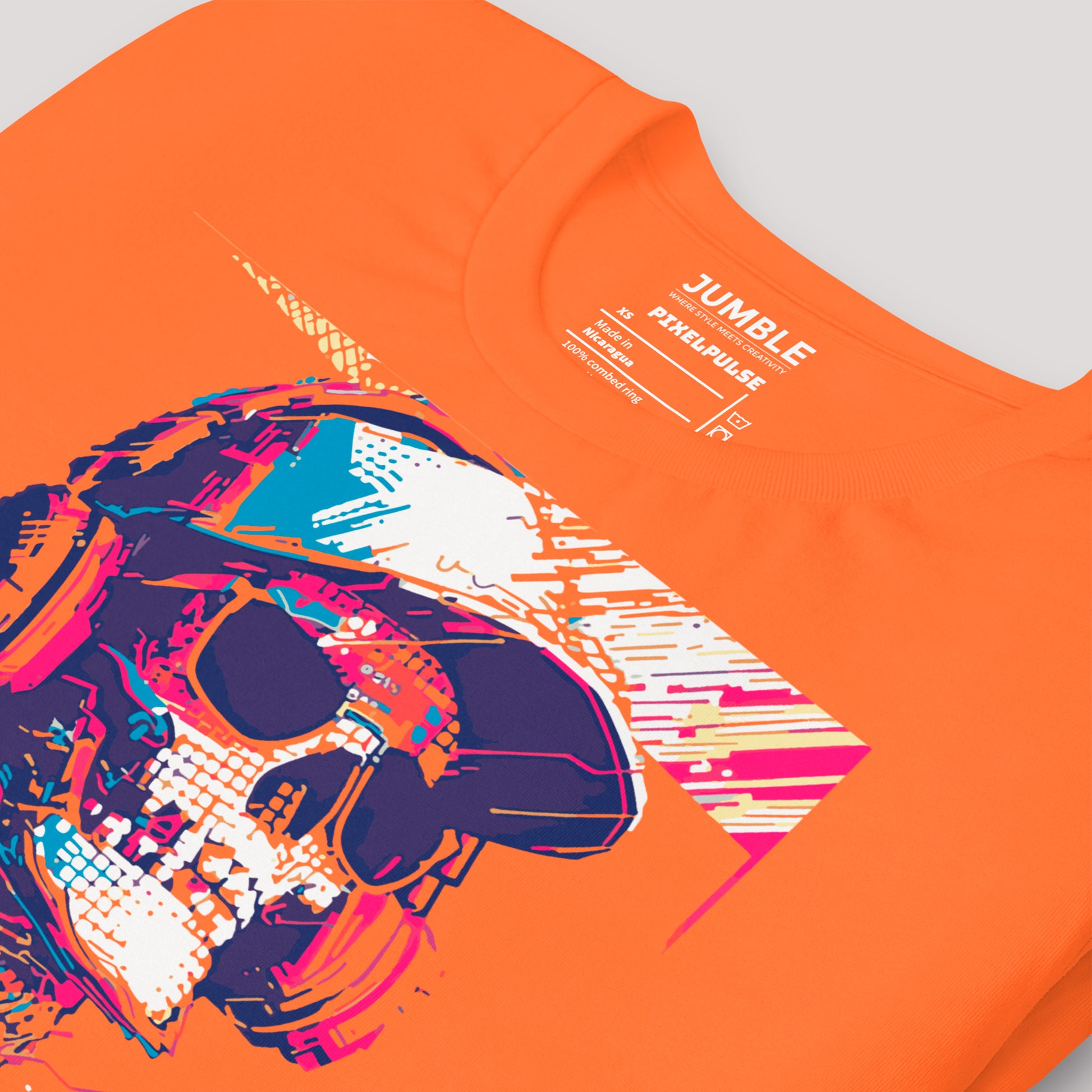 closeup of orange PixelPulse Unisex t-shirt