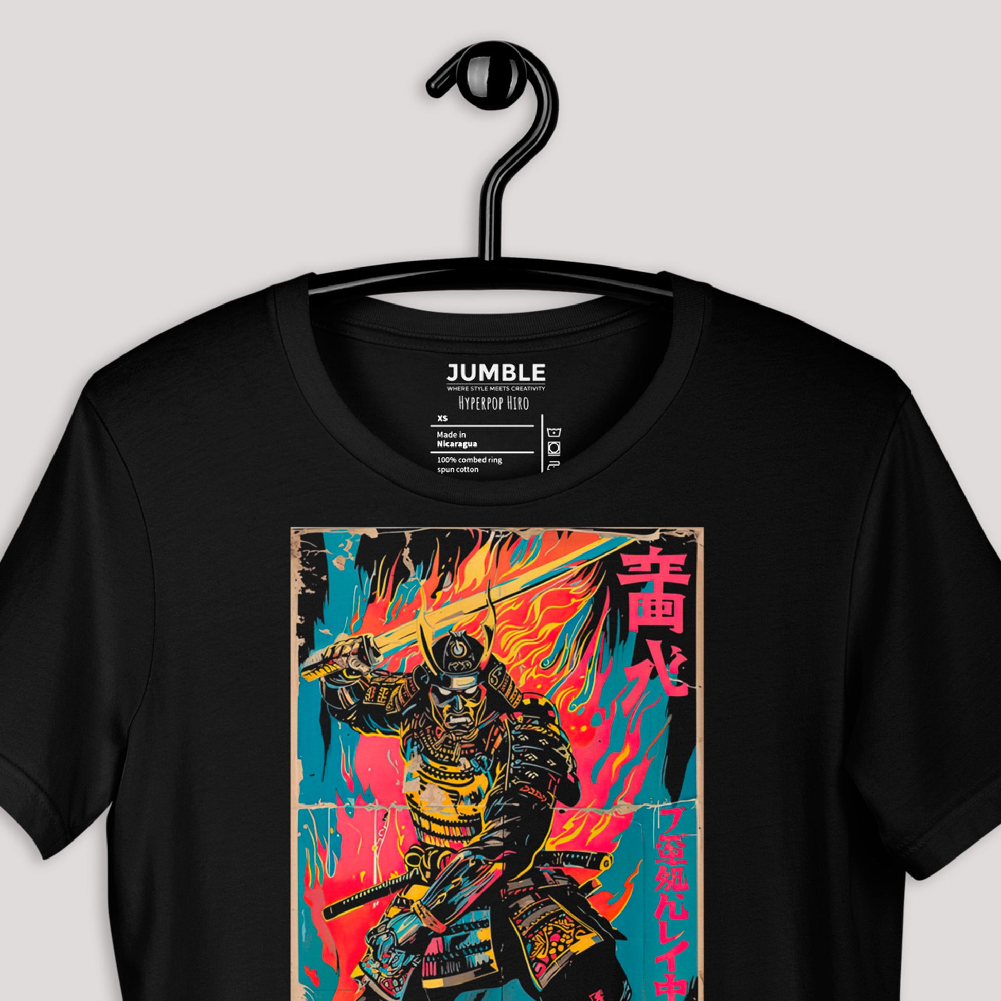 closeup of black Hyperpop Hiro Unisex t-shirt on hanger