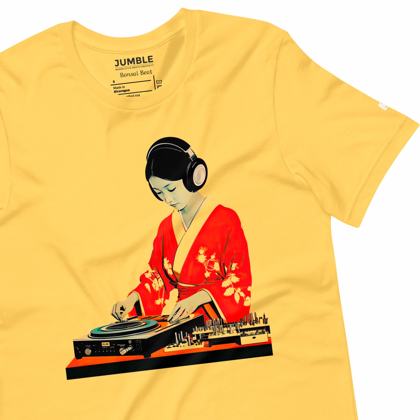 closeup of wrinkled yellow Bonsai Beat Unisex t-shirt