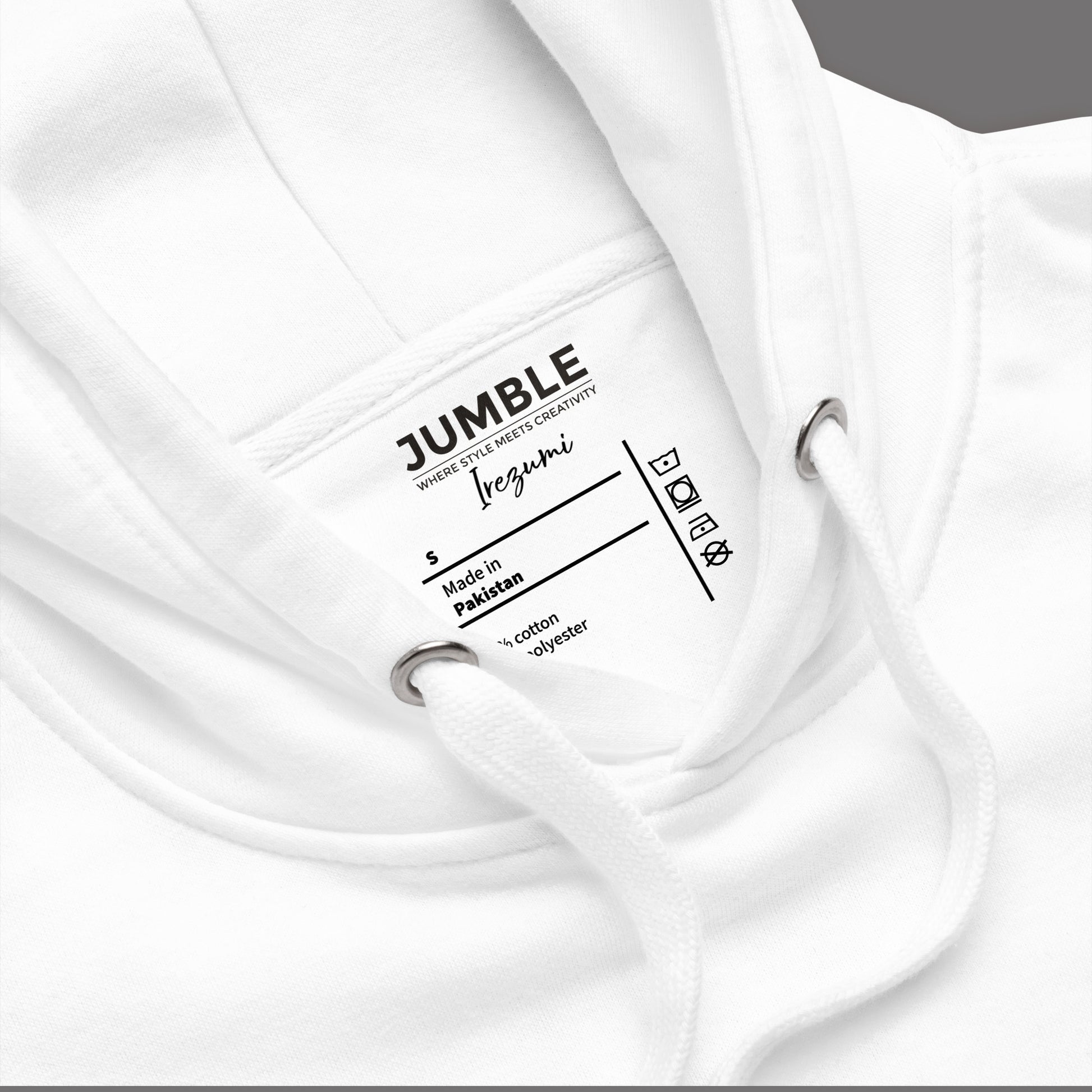 closeup of label on a  white Irezumi Unisex Premium Hoodie | Cotton Heritage