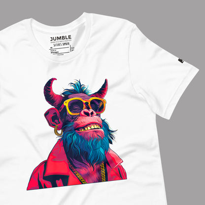 wrinkled white Satan's Simian Unisex t-shirt