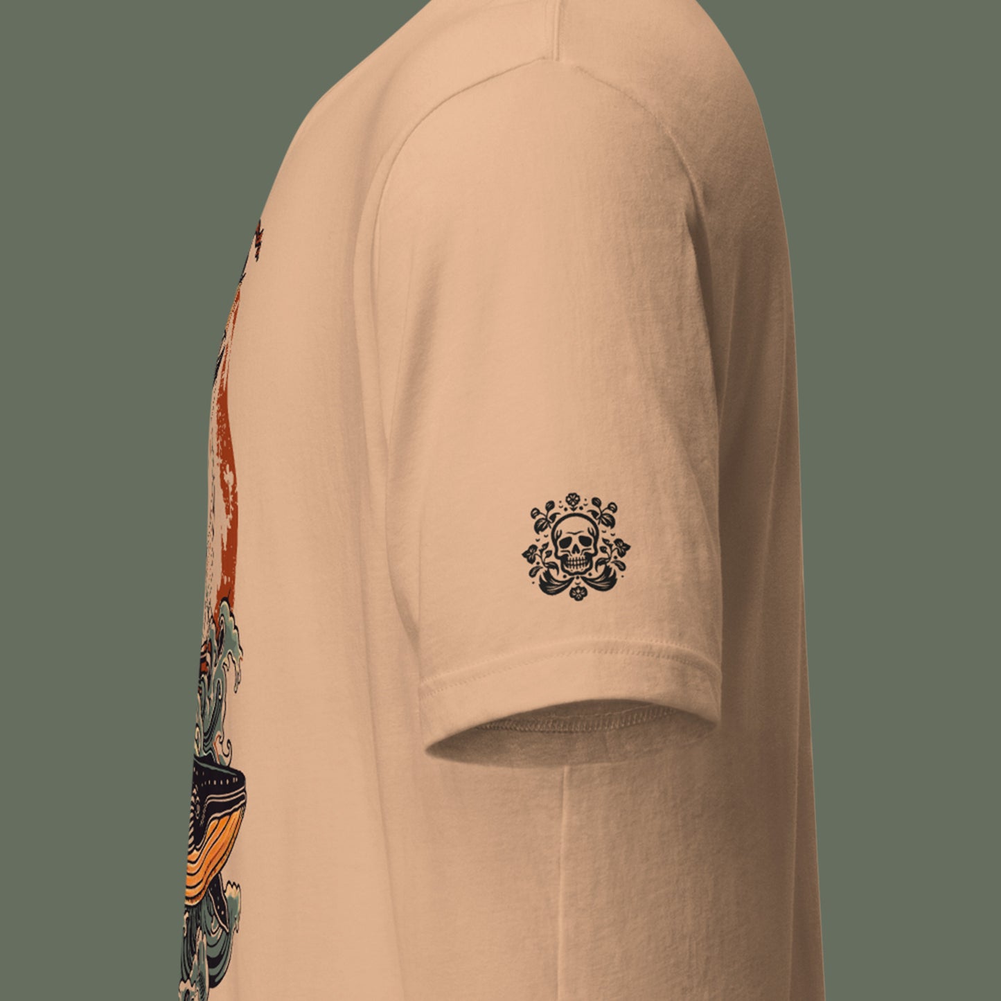 sleeve on tan Seafarer's Tale Unisex t-shirt