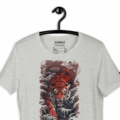 closeup of Athletic Heather Crimson Roar Unisex t-shirt on a hanger