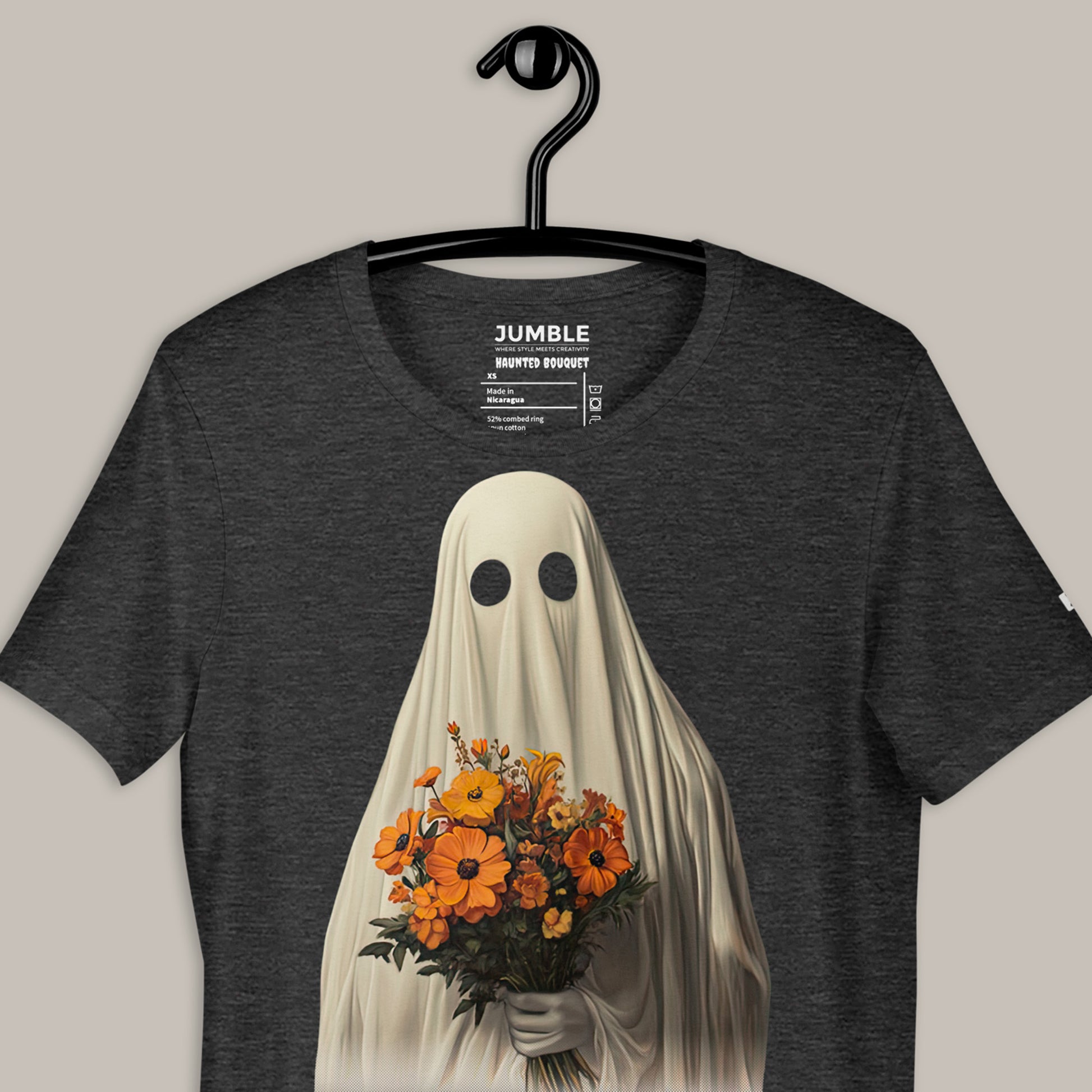 closeup of dark grey heather Haunted Bouquet Unisex t-shirt  on a hanger