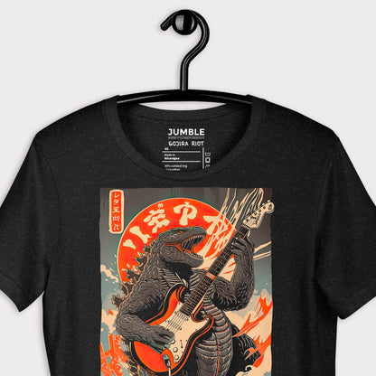 closeup of black heather Gojira Riot Unisex t-shirt on a hanger