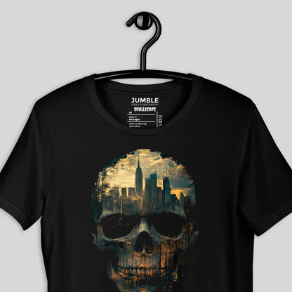 closeup of black Skullscape Unisex t-shirt on a hanger