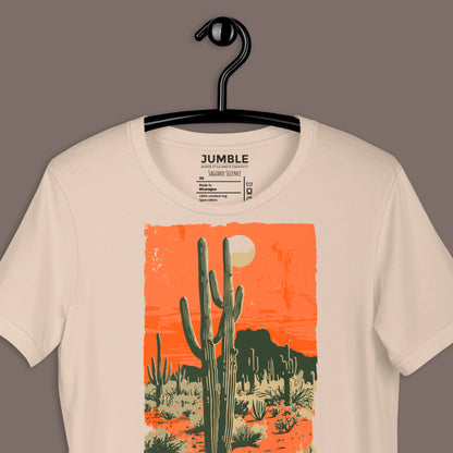 closeup of soft cream Saguaro Silence Unisex t-shirt on a hanger