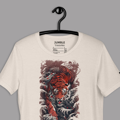 closeup of heather dust Crimson Roar Unisex t-shirt on hanger