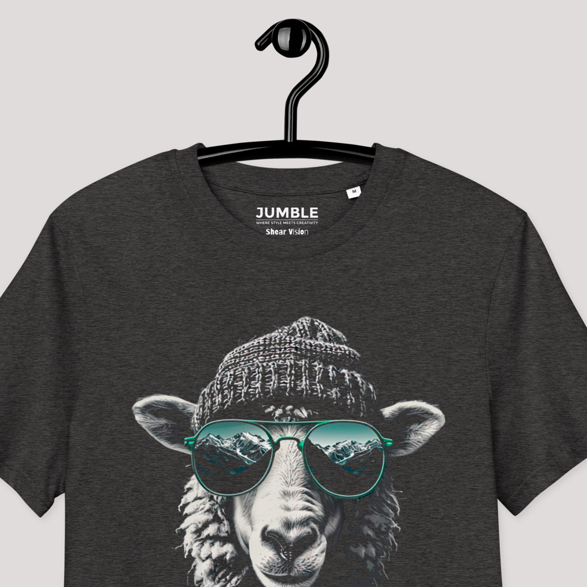 closeup of dark heather grey Shear vision Premium Unisex organic cotton t-shirt on hanger