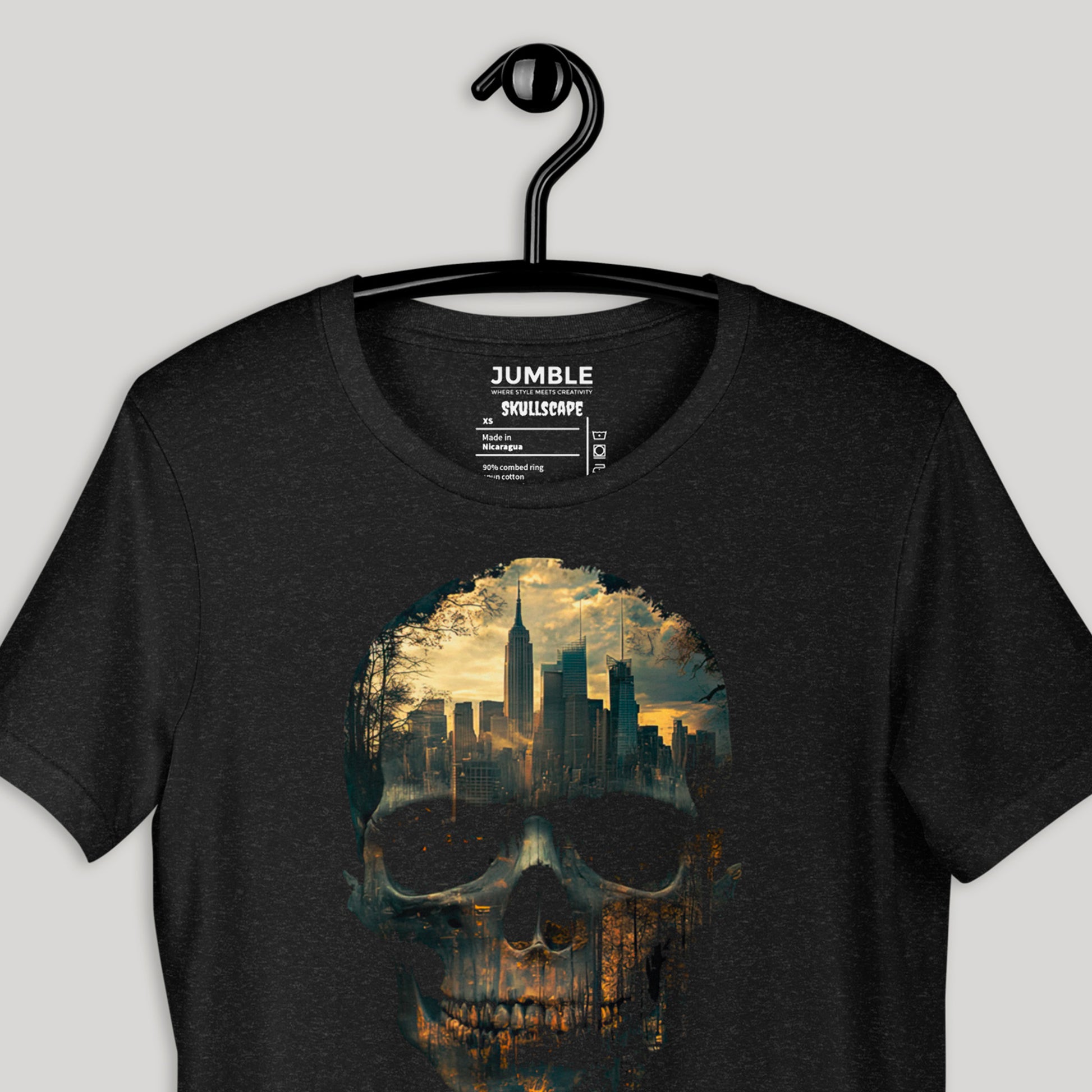 closeup of black heather Skullscape Unisex t-shirt on a hanger