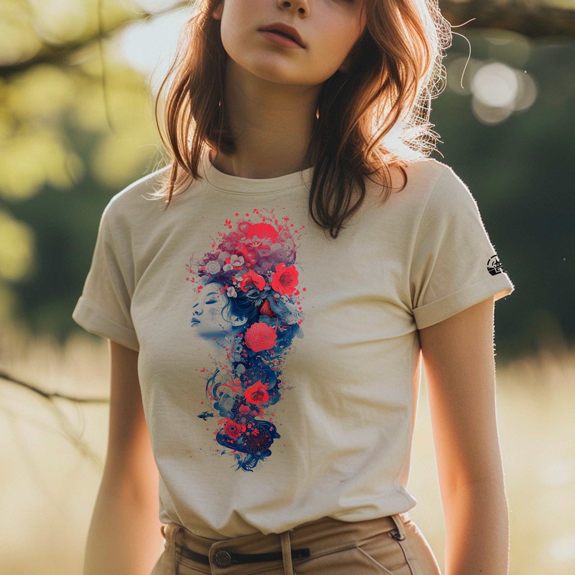 female model wearing heather dust  Miryoku Unisex t-shirt