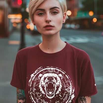 female model wearing burgundy Primordial Power Premium Unisex organic cotton t-shirt