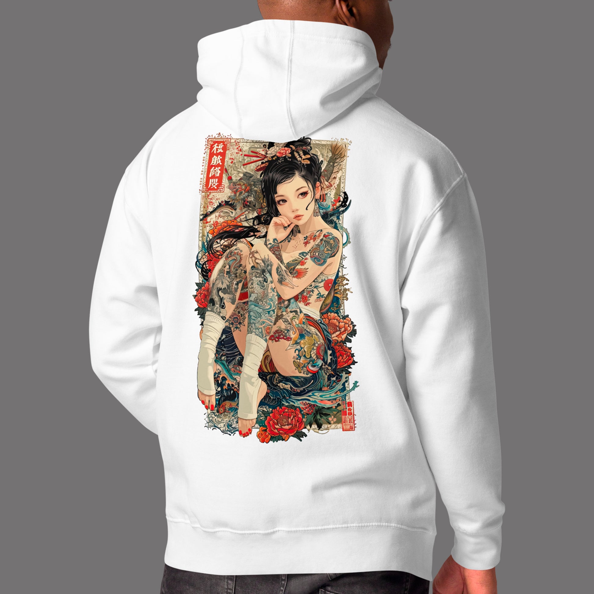 model wearing white Irezumi Unisex Premium Hoodie | Cotton Heritage