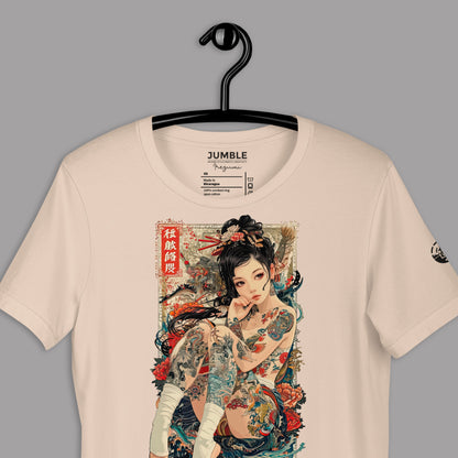 closeup of heather dust Irezumi Unisex T-Shirt on a hanger