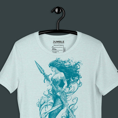 closeup of prism ice blue Abyssal Queen Unisex t-shirt  on a hanger