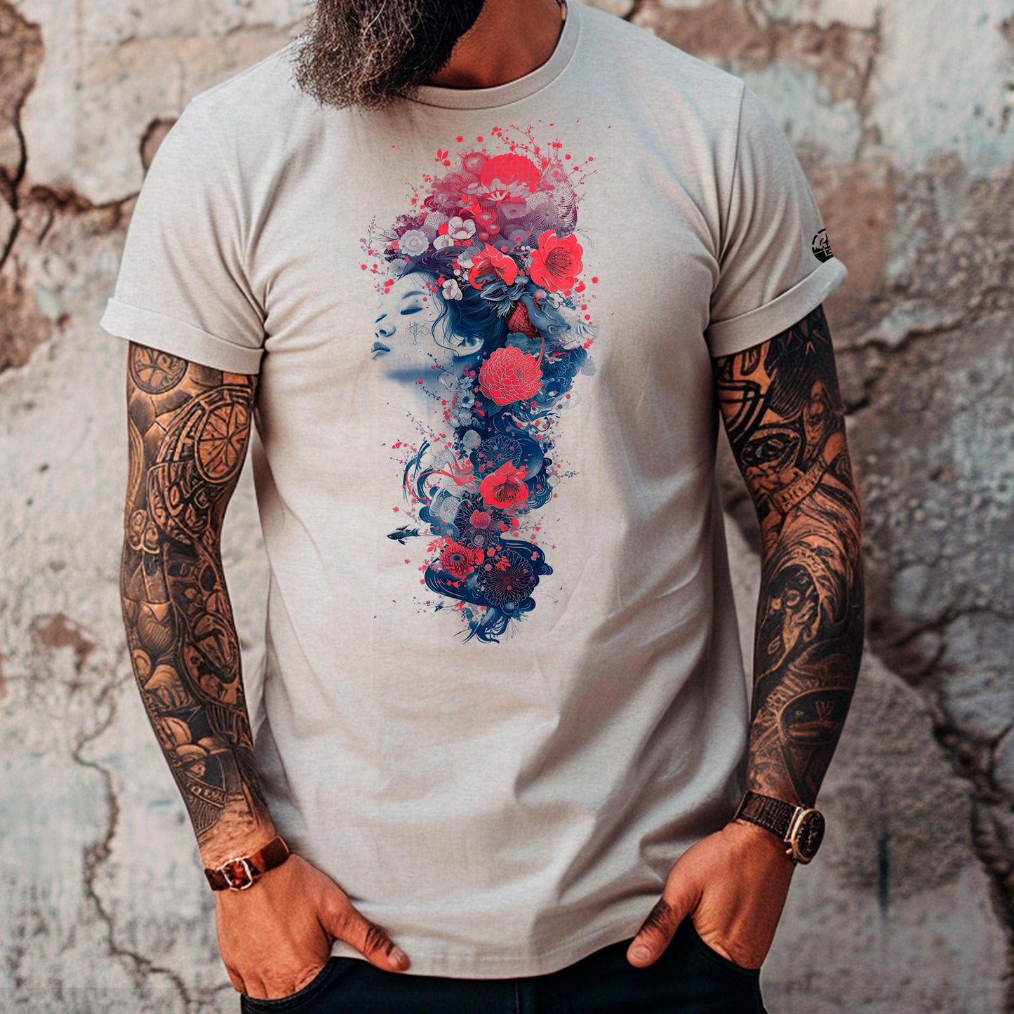 male model wearing ash colour Miryoku Unisex t-shirt