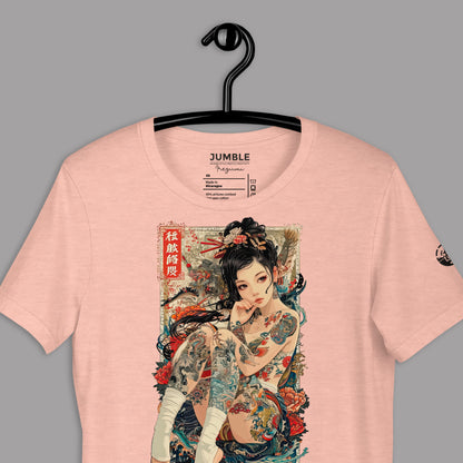 close-up of heather prism peach  Irezumi Unisex T-Shirt on a hanger