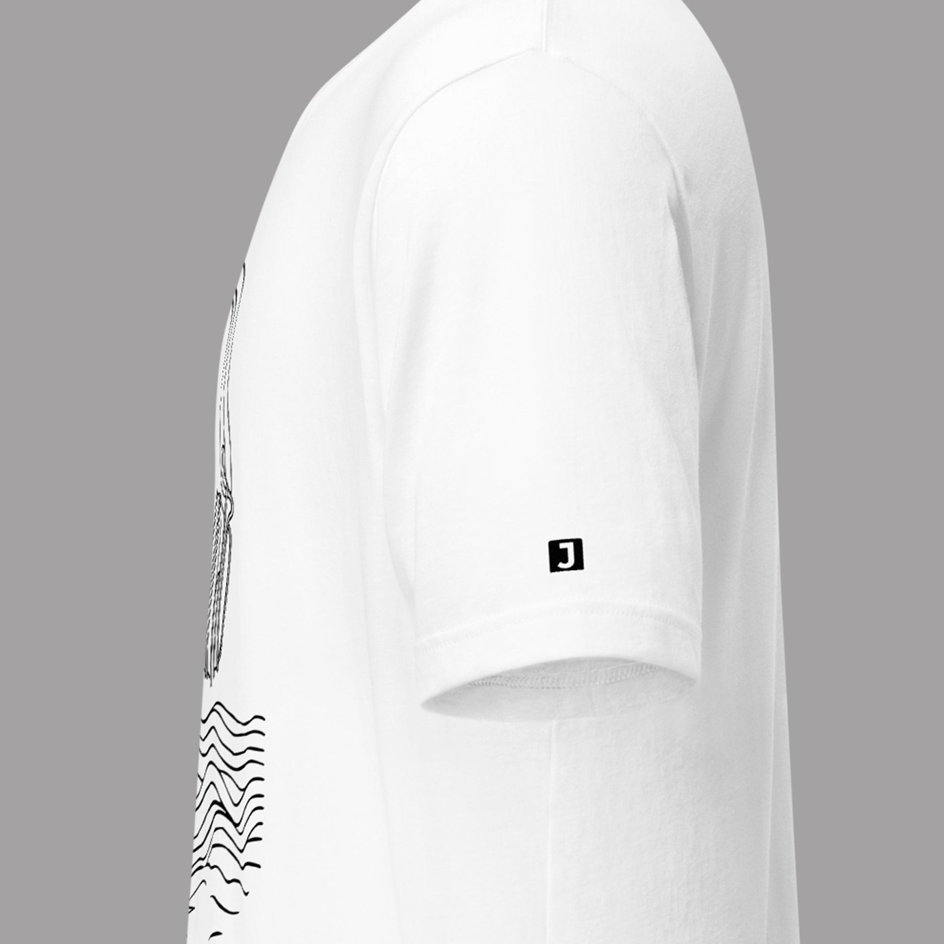 left sleeve on a white Tidal Beat Unisex t-shirt