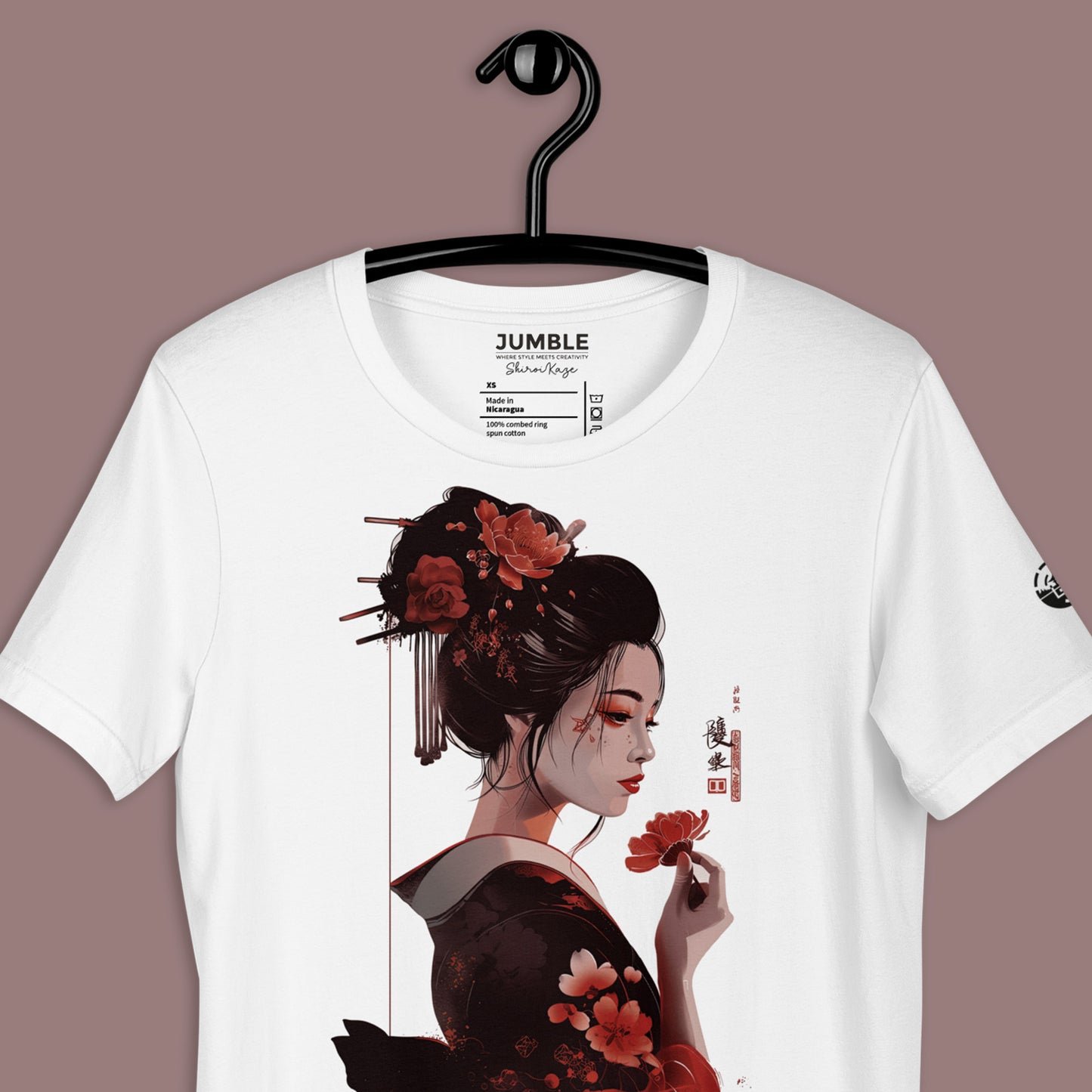 white ShiroiKaze Unisex t-shirt on a hanger