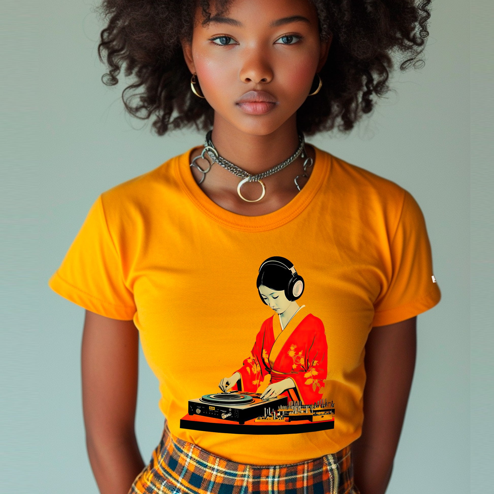 female model wearing gold Bonsai Beat Unisex t-shirt
