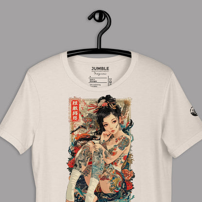 closeup of sort cream Irezumi Unisex T-Shirt on a hanger