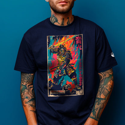 model wearing navy Hyperpop Hiro Unisex t-shirt