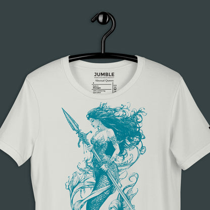 closeup of silver Abyssal Queen Unisex t-shirt  on a hanger