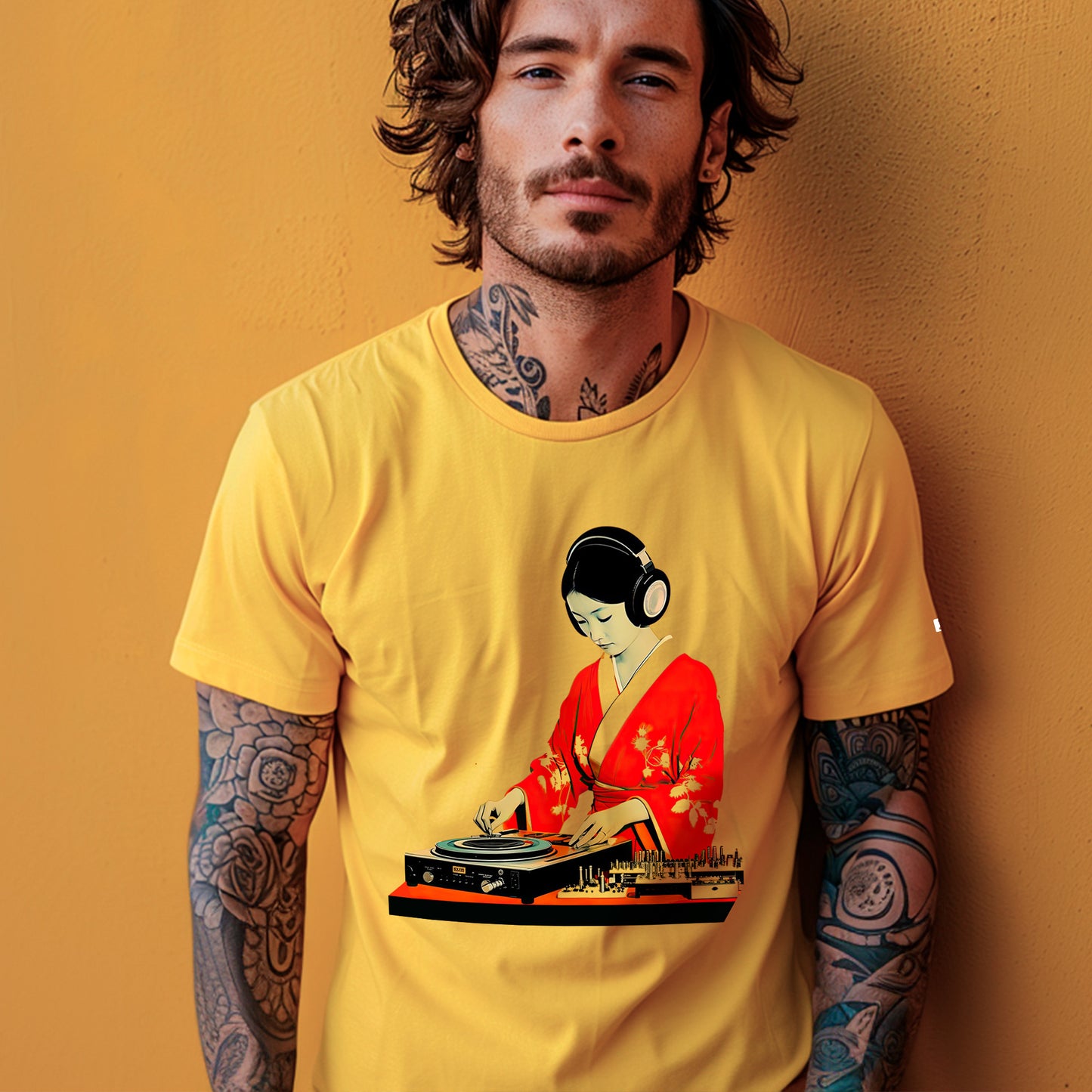 male model wearing a yellow Bonsai Beat Unisex t-shirt