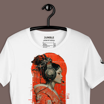 closeup of a white Geisha 3000 Unisex t-shirt on hanger