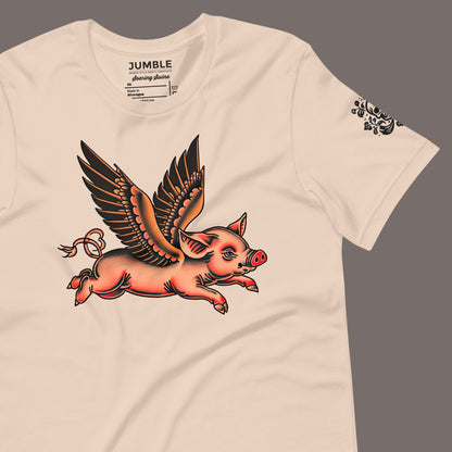 wrinkled oft cream Soaring Swine Unisex t-shirt