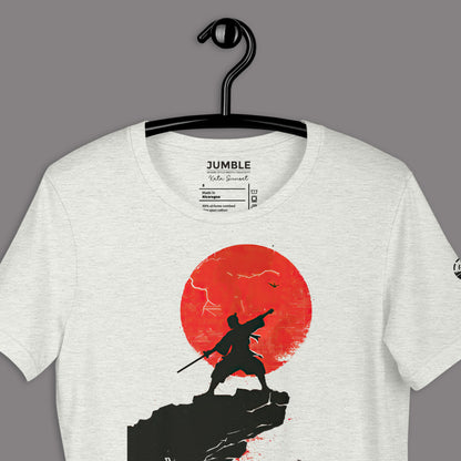 close-up of ash Kata Sun Unisex t-shirt on a hanger