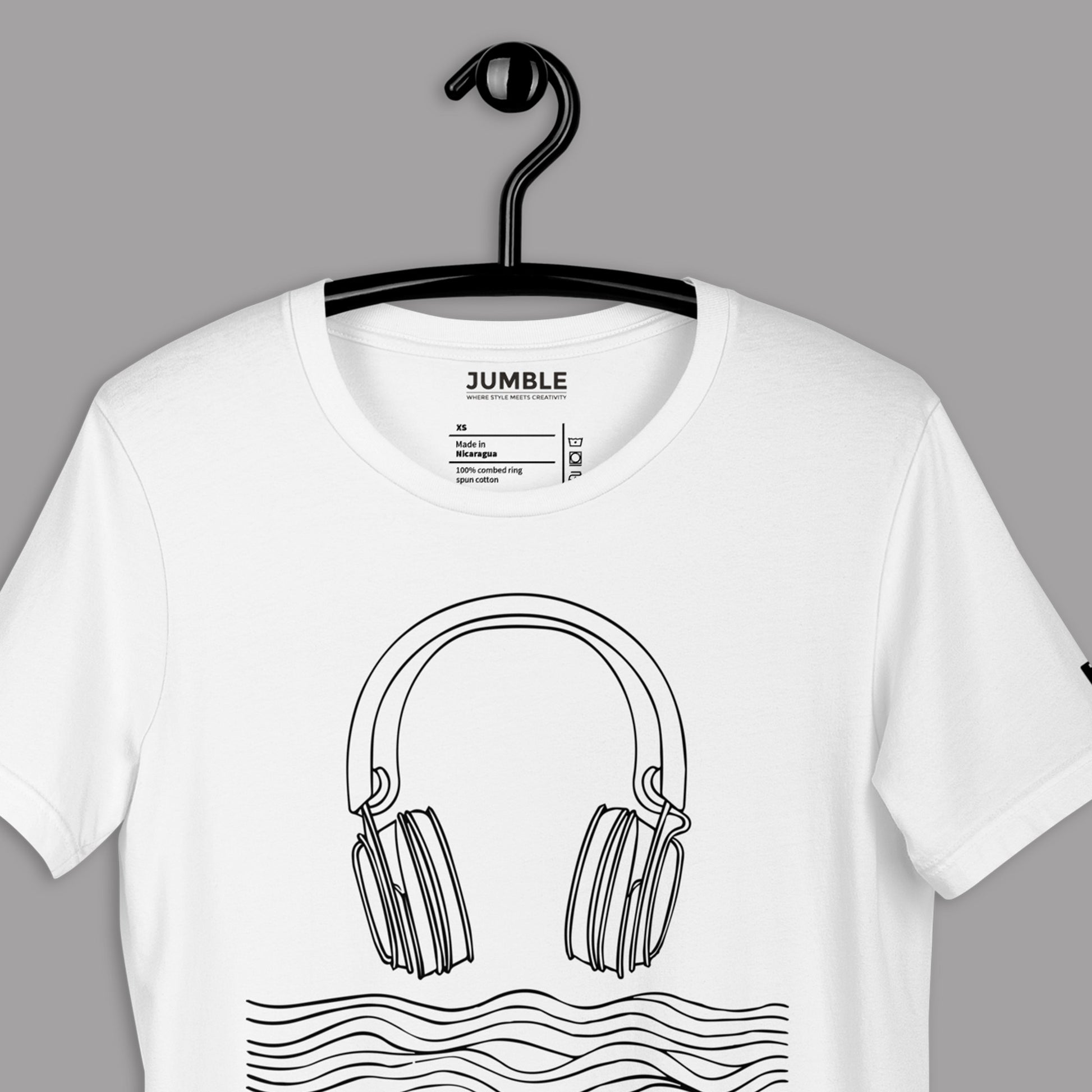 closeup of white Tidal Beat Unisex t-shirt on a hanger