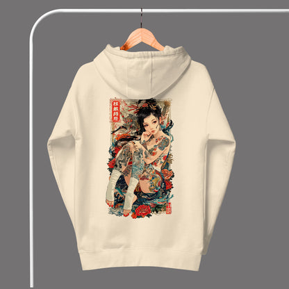 back view of bone Irezumi Unisex Premium Hoodie | Cotton Heritage on a hanger