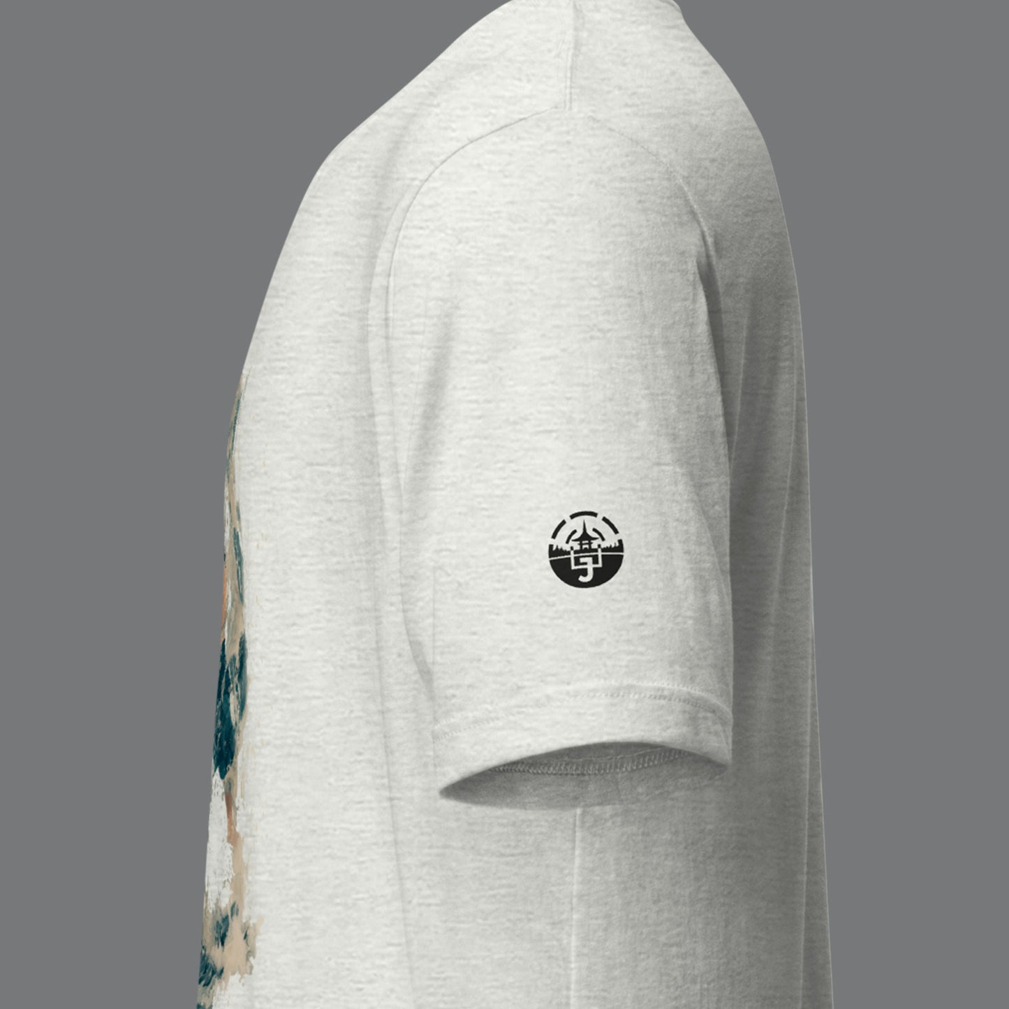 sleeve logo on an ash Susanoo Unisex t-shirt