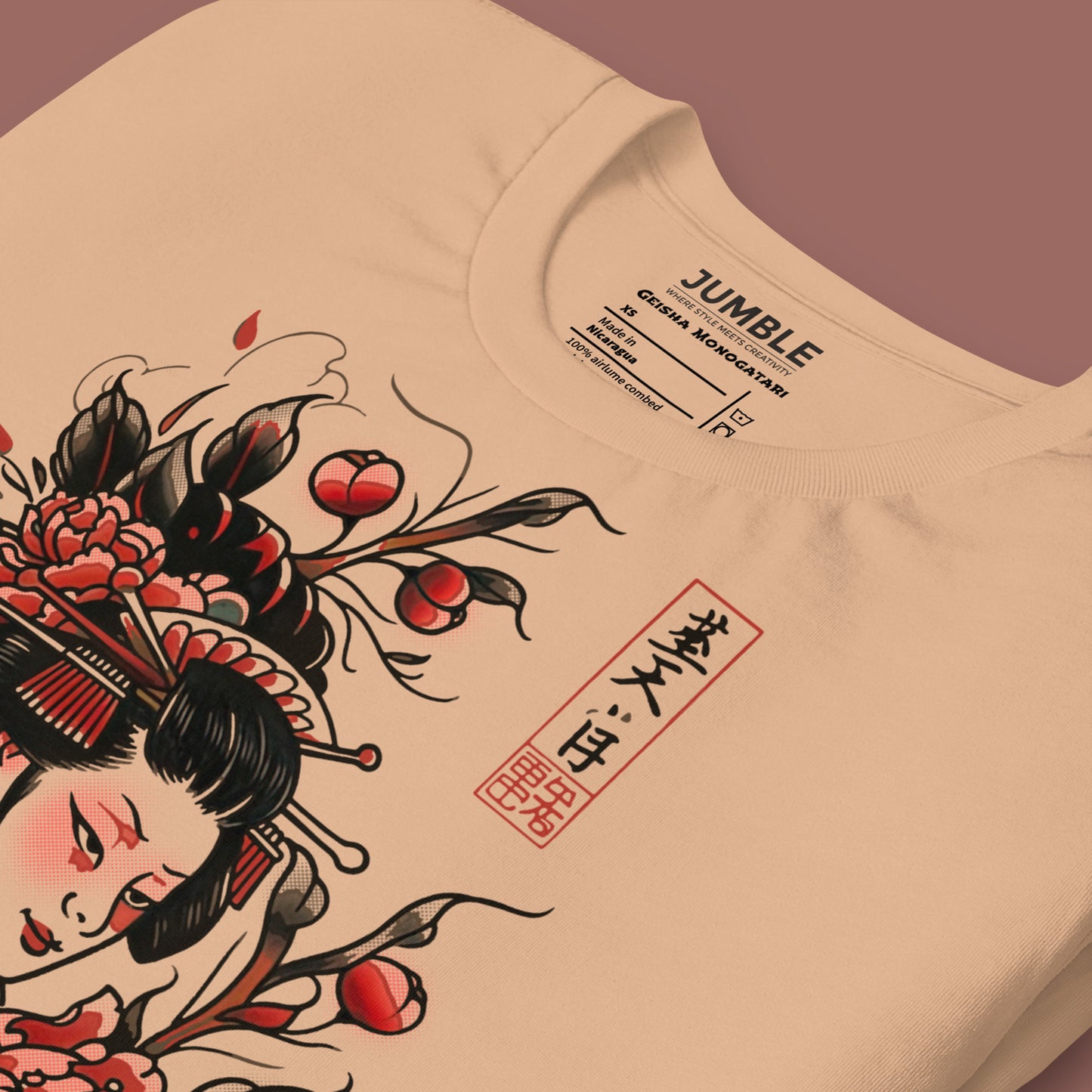 closeup of folded tan Geisha Monogatari Unisex t-shirt