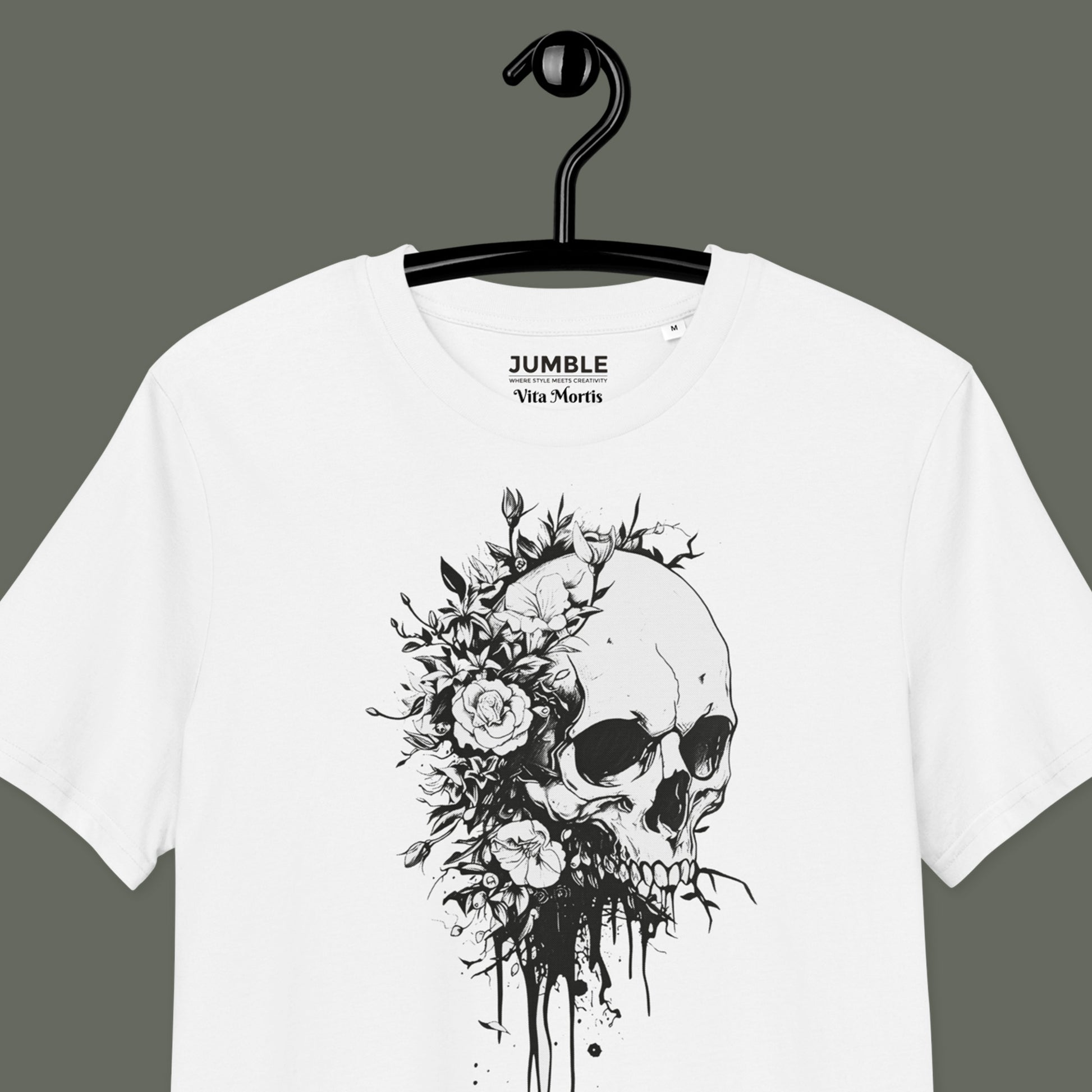 closeup of Vita Mortis Premium Unisex organic cotton t-shirt on a hanger