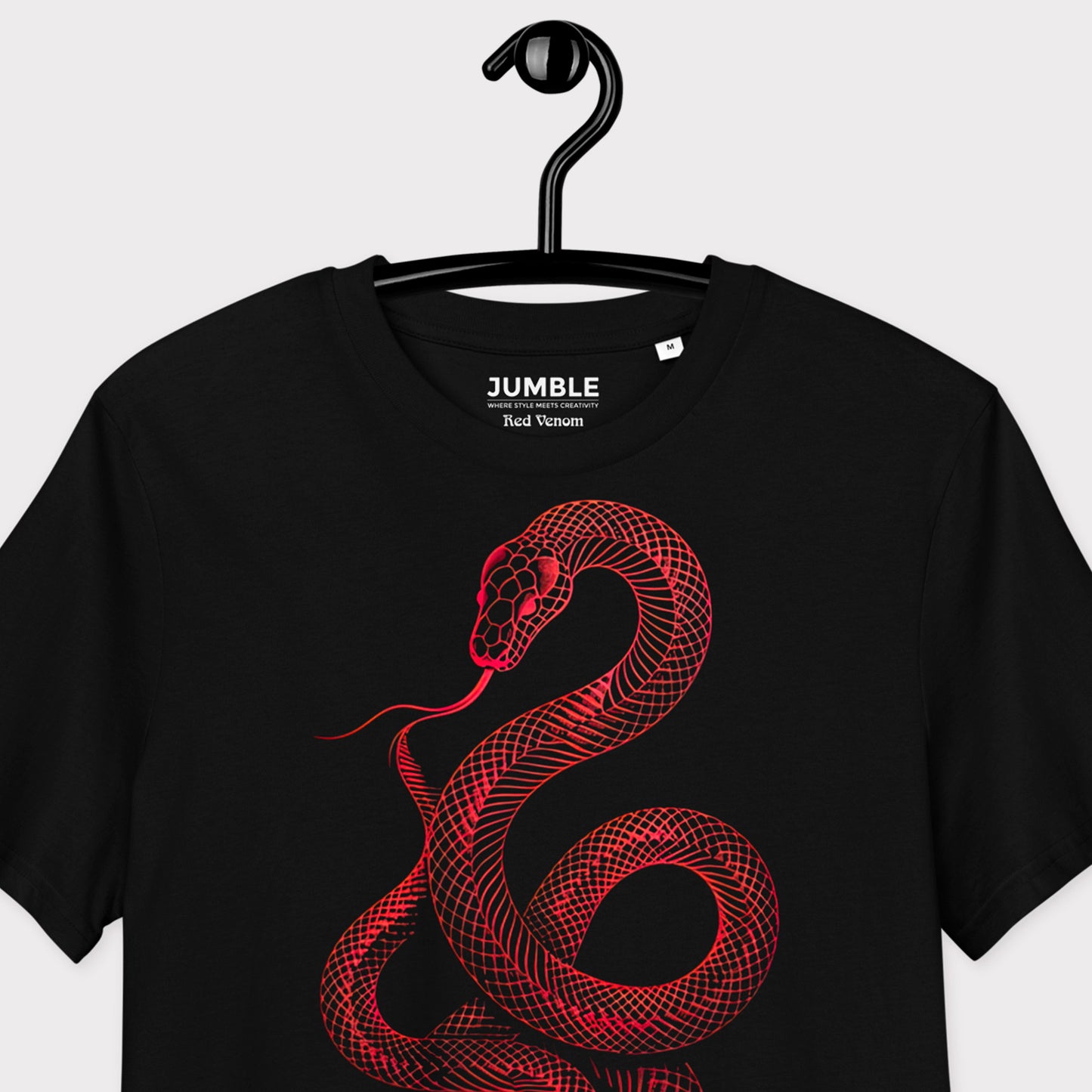 closeup of Red Venom Premium Unisex organic cotton t-shirt on a hanger