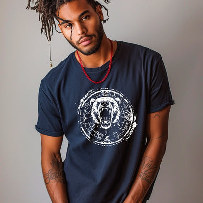 model wearing french navy Primordial Power Premium Unisex organic cotton t-shirt