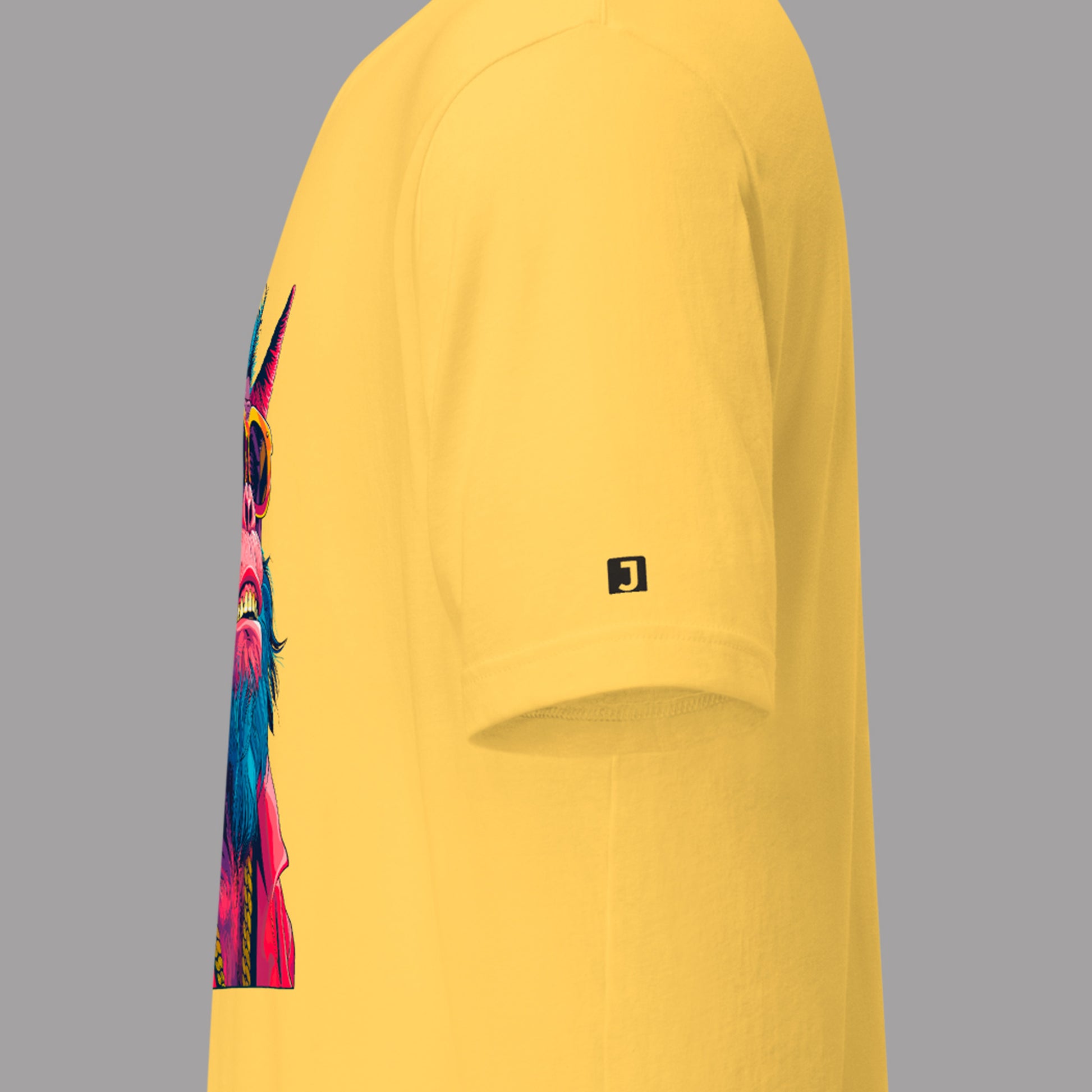 left sleeve logo on a yellow Satan's Simian Unisex t-shirt