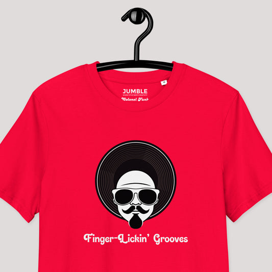 closeup of Colonel Funk's- Premium Unisex organic cotton t-shirt on a hanger