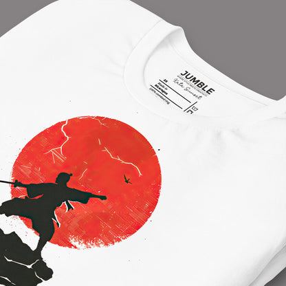 closeup of folded white Kata Sun Unisex t-shirt